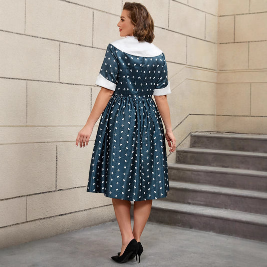 Printed Lapel Sleeve Hem Commuter Dress Dresses