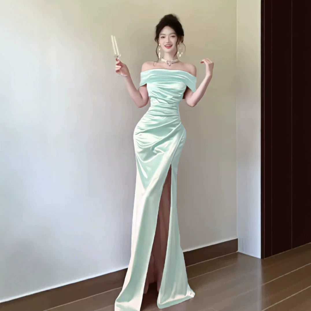 French Style Gown Satin Texture Slit Dress