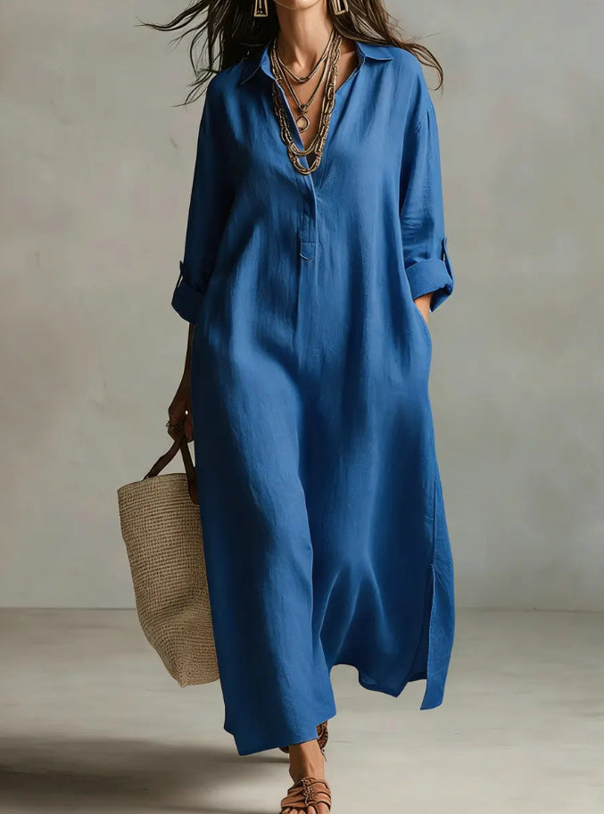 Solid Color Polo Collar Casual Long Sleeve Shirt Idle Dress