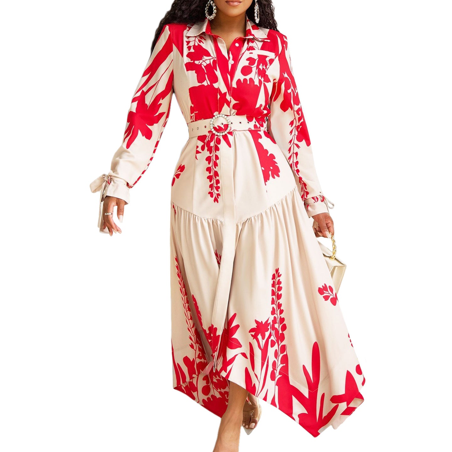 Women's Summer Long Sleeve Printing Lapel Irregular Loose Dress