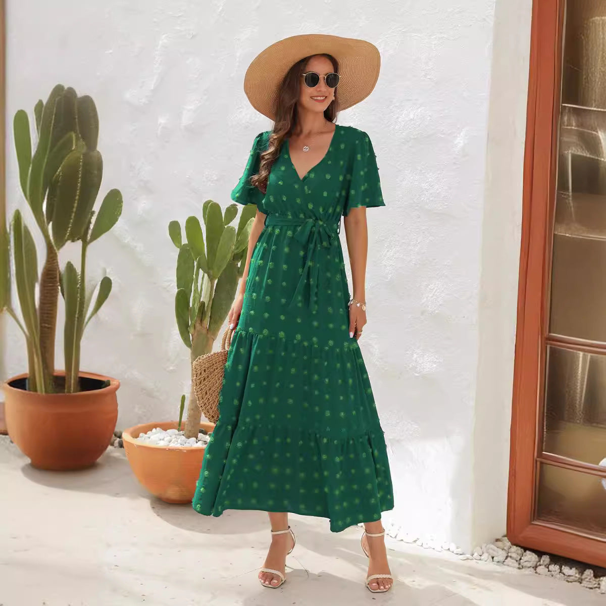 High Waist Tied Dress Fur Ball Long Dresses