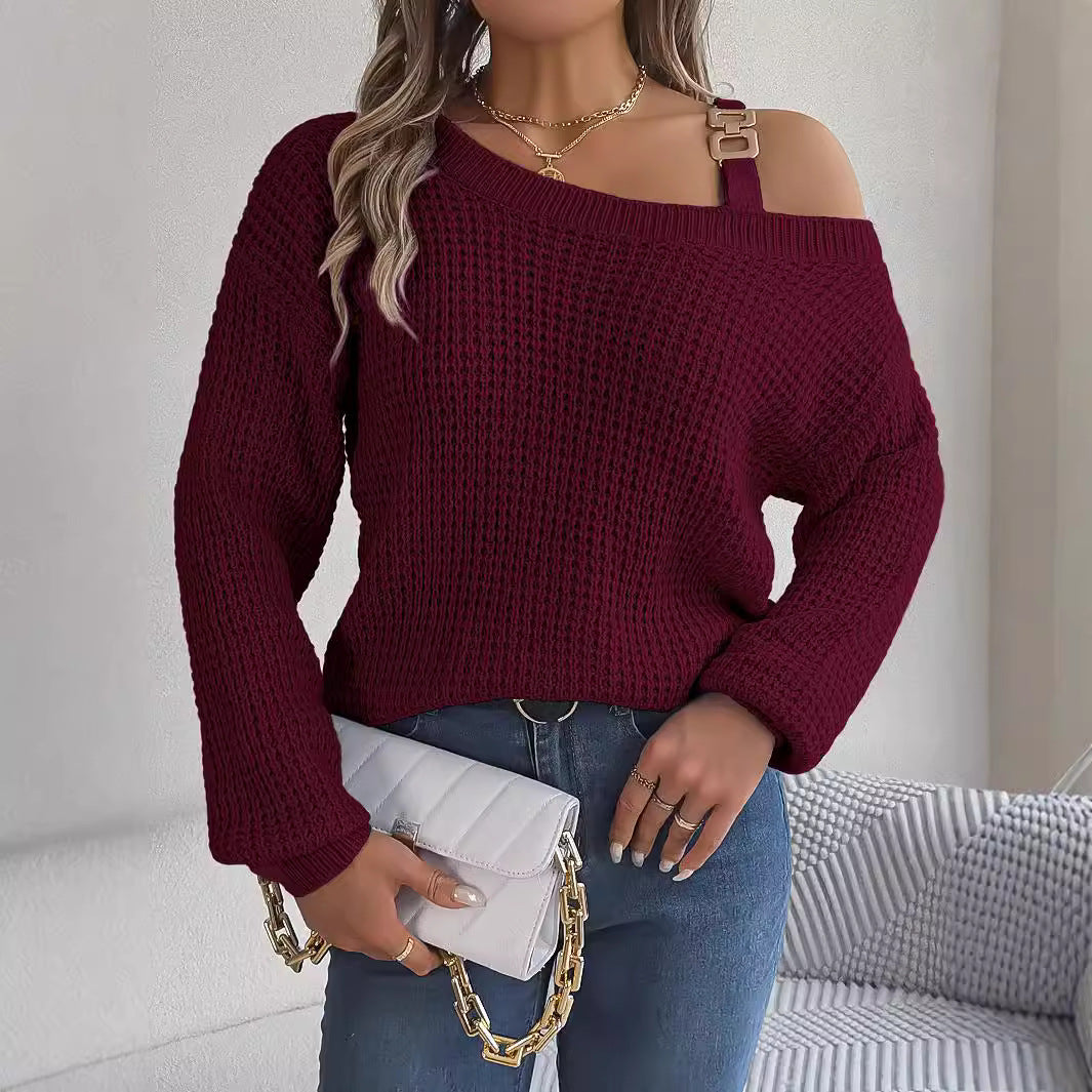 Women's Casual Metal Buckle Lantern Sleeve Pullover Clothing