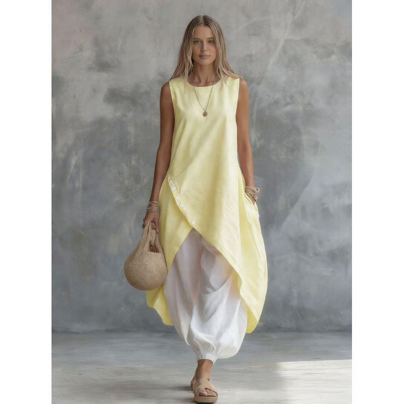 Solid Color Sleeveless Loose Pockets White Suits
