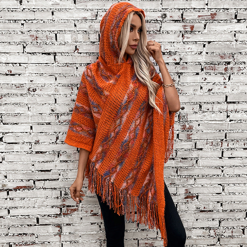 Women's Colorful Striped Hooded Knitted Tassel Cape Shawl Sweaters