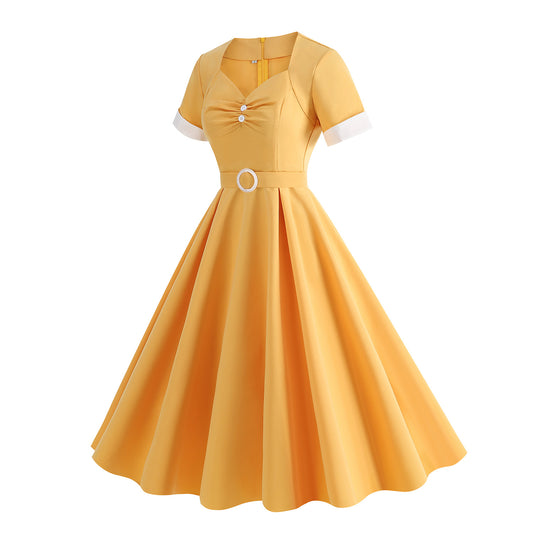 Hepburn Style Retro Square Collar Sleeve High Waist Dresses