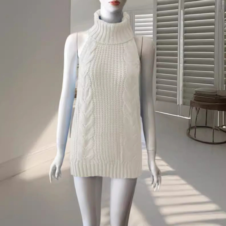 Spring Sexy Backless Turtleneck Sleeveless Knitted Pullover Women's Sweater