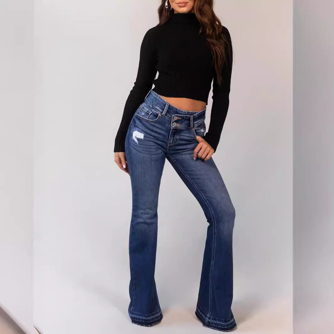 Women's Unique Ripped Button Stretch Bell-bottom Jeans