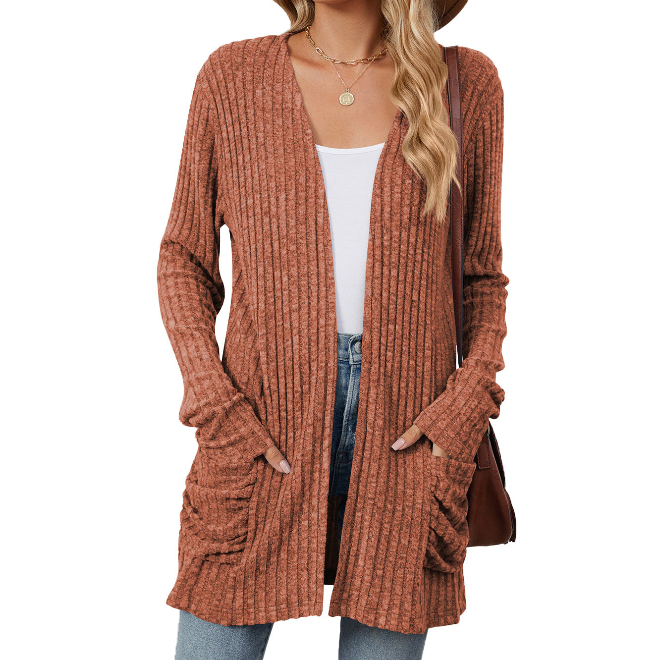 Solid Color Pocket Long Sleeve Bottoming Knitwear