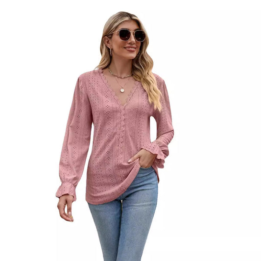 Solid Color Lace Patchwork Long Sleeve Blouses