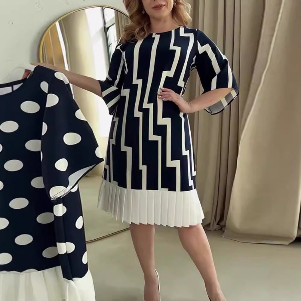 Women's Fashion Striped Stitching Pleated Round Neck Dress