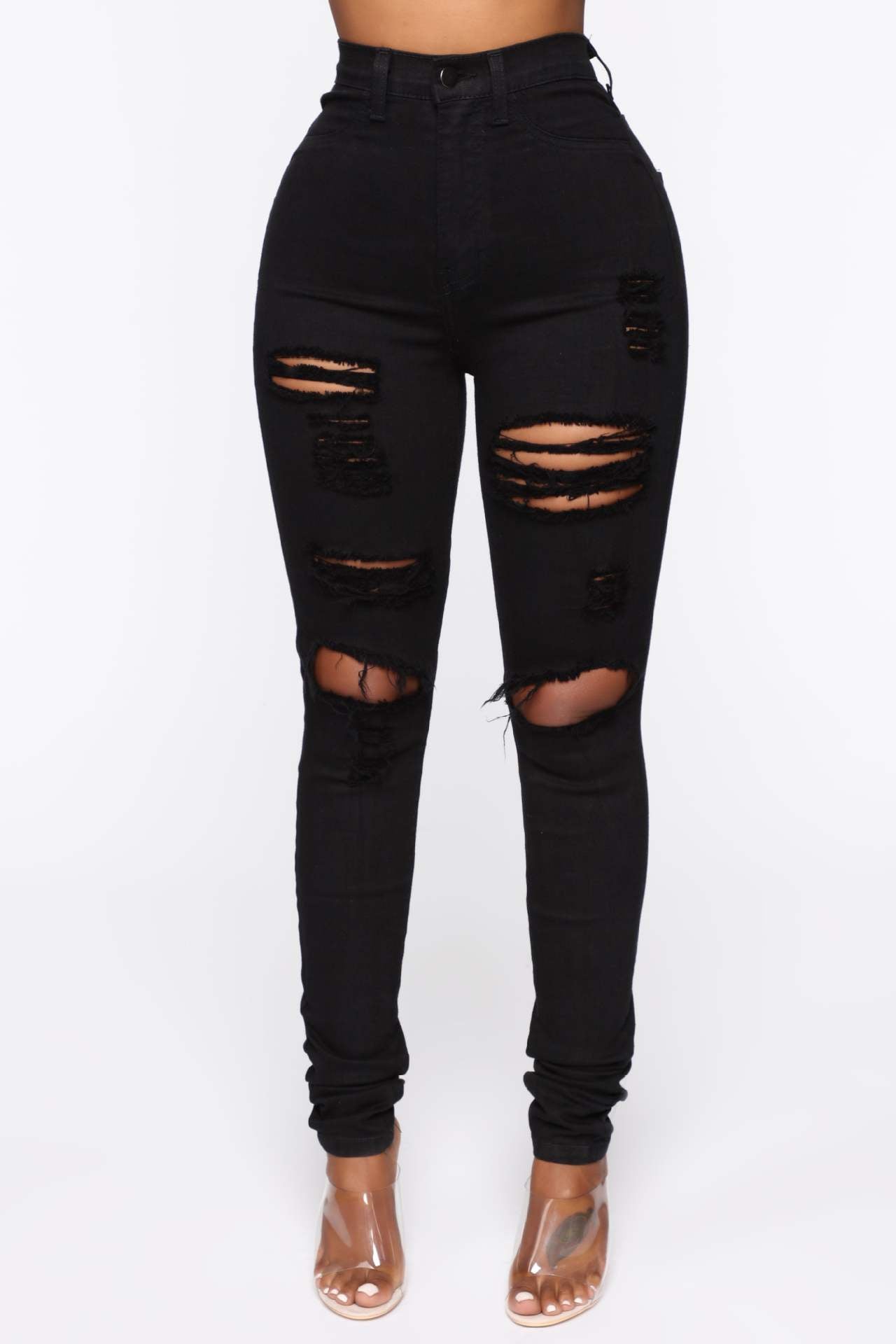 Women's Black White Stretch Ripped For Skinny Jeans