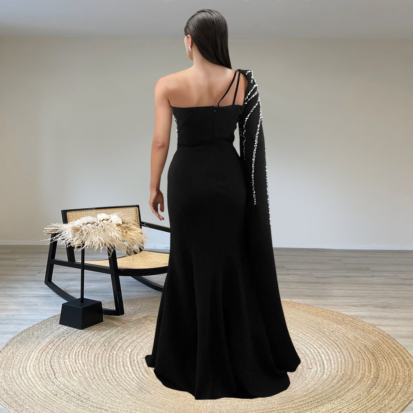 Women's Rhinestone Long Dress Black Mermaid Shawl Dresses