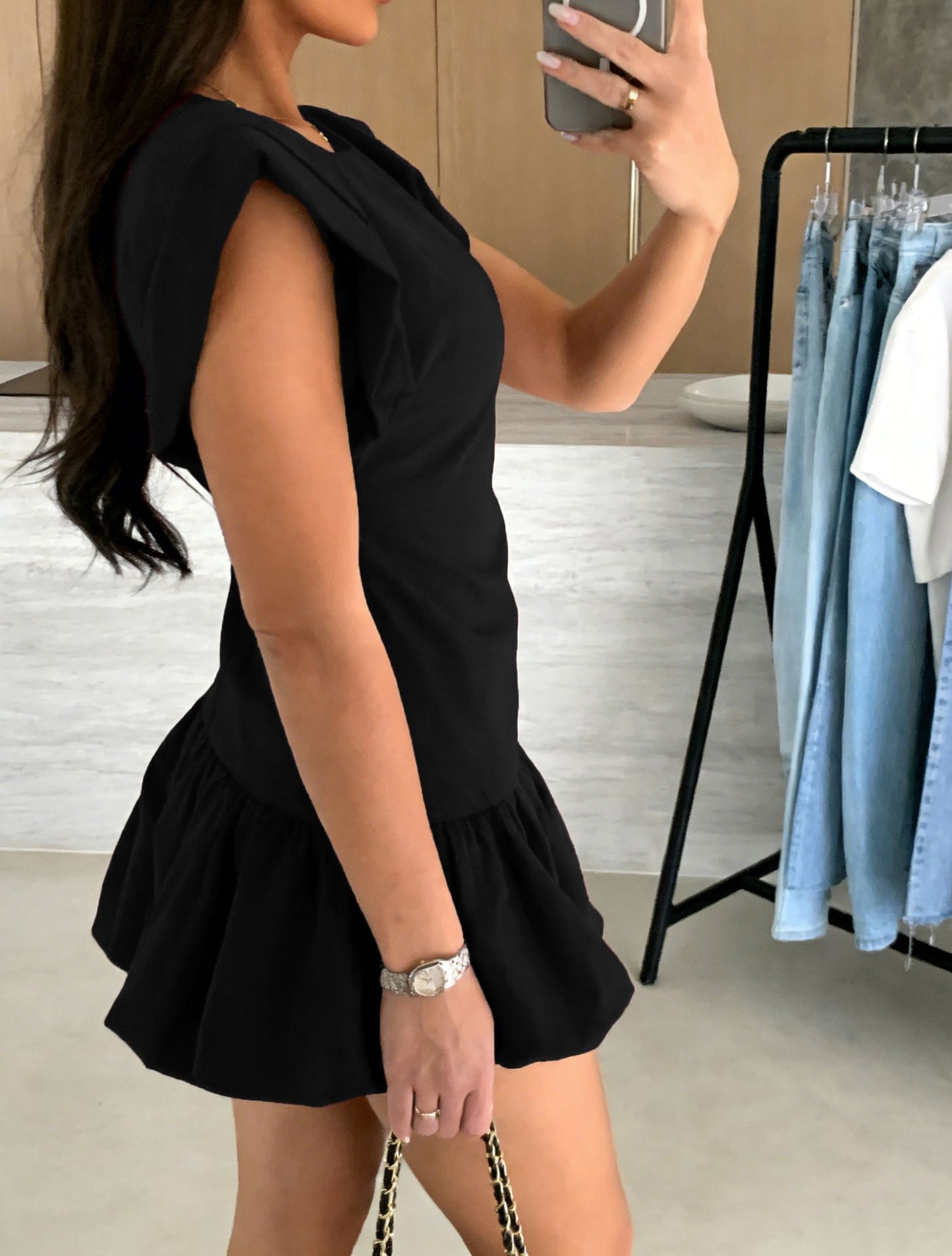 Women's Solid Color Fashion Short-sleeved Ruffled Dress
