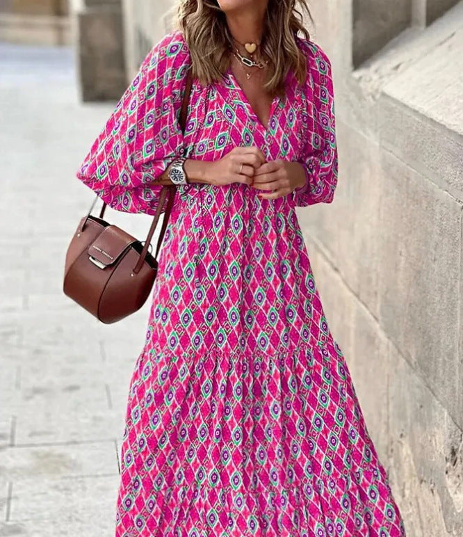 Women's Fashion Bohemian Lantern Sleeve Temperament Printed Dress