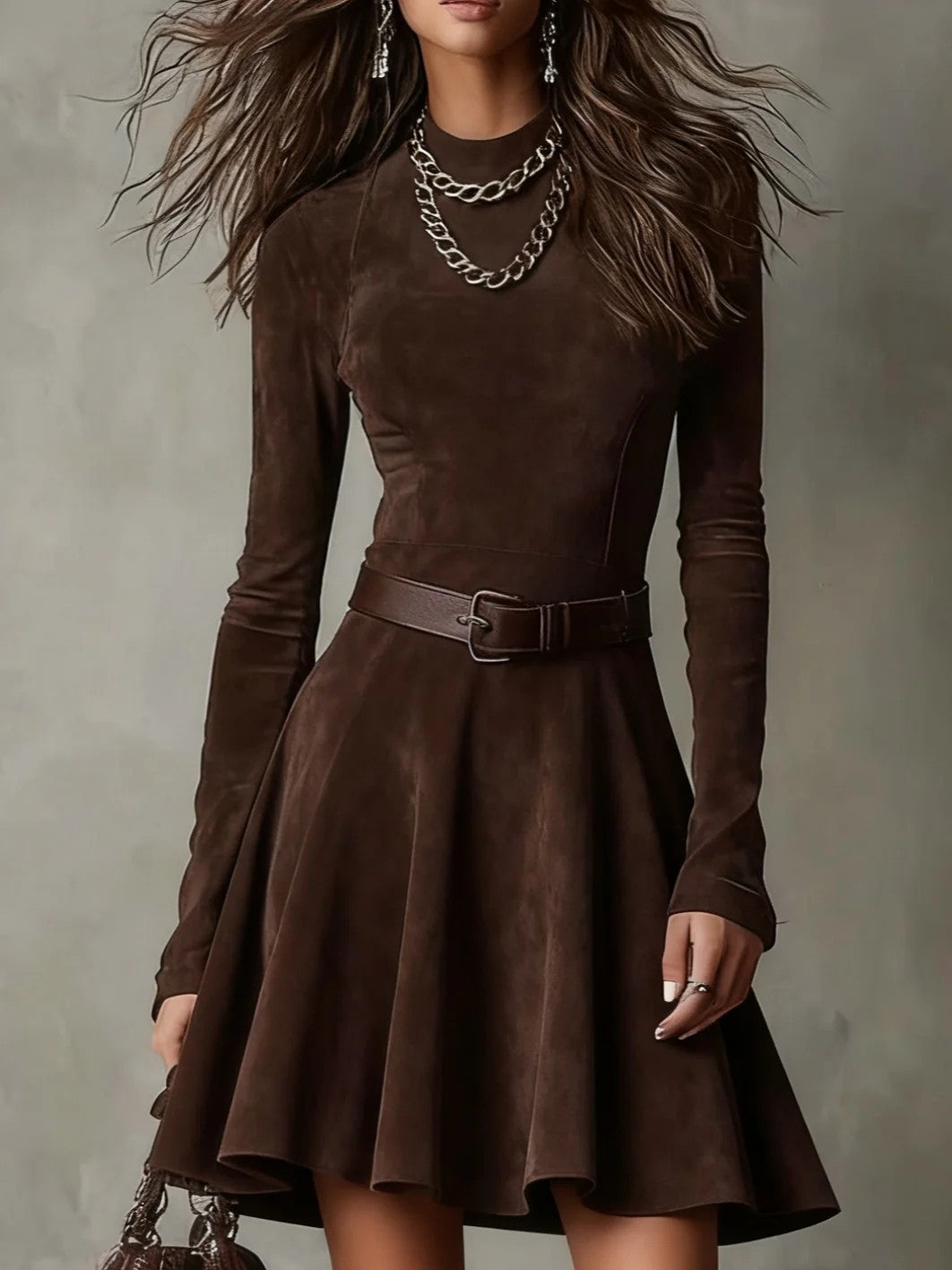 Elegant Graceful Solid Color Long Sleeve Round Neck With Dress