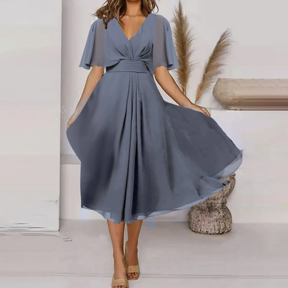 Summer Fashion Solid Color Waist Trimming Dresses