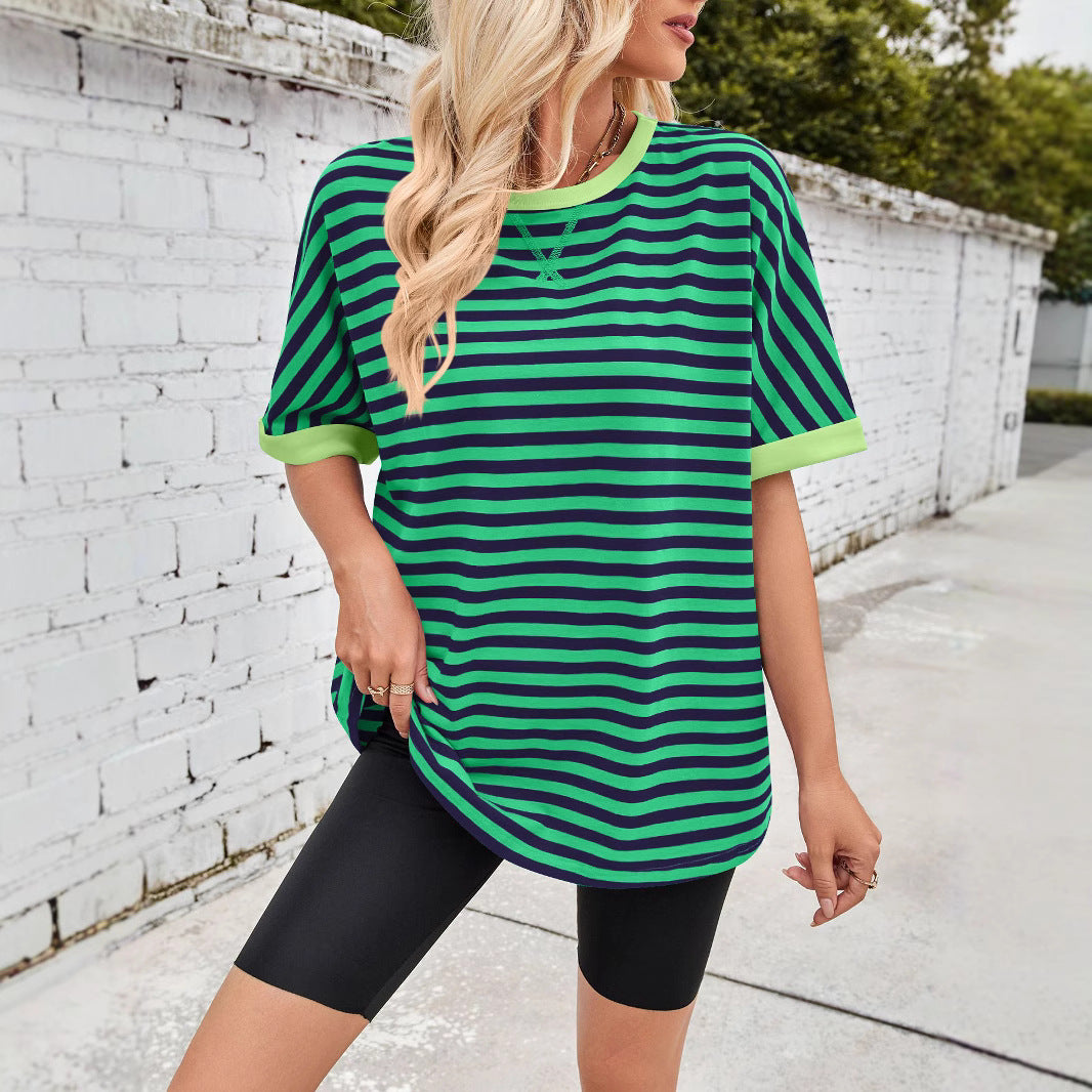 Women's Summer Casual Striped Crew Neck Trendy Blouses