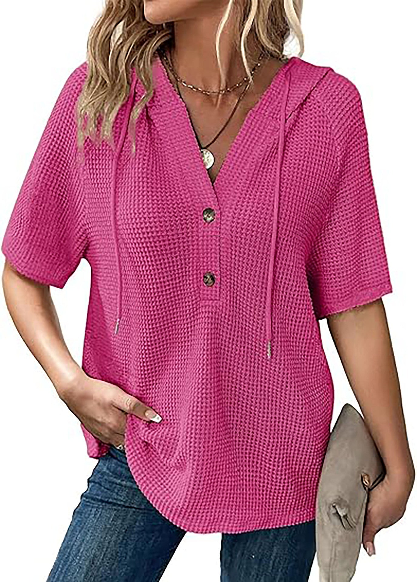 Women's Summer Waffle Knitted Short-sleeved Shirt Lightweight Drawstring Blouses