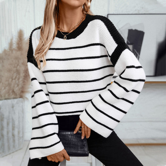 Women's Black White Striped Pullover Long Sleeve Sweaters