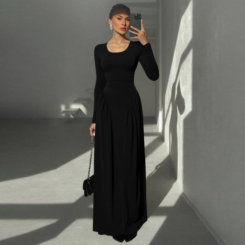 Women's French Elegant Temperament Pure Color Waist Trimming Lace Up Dress