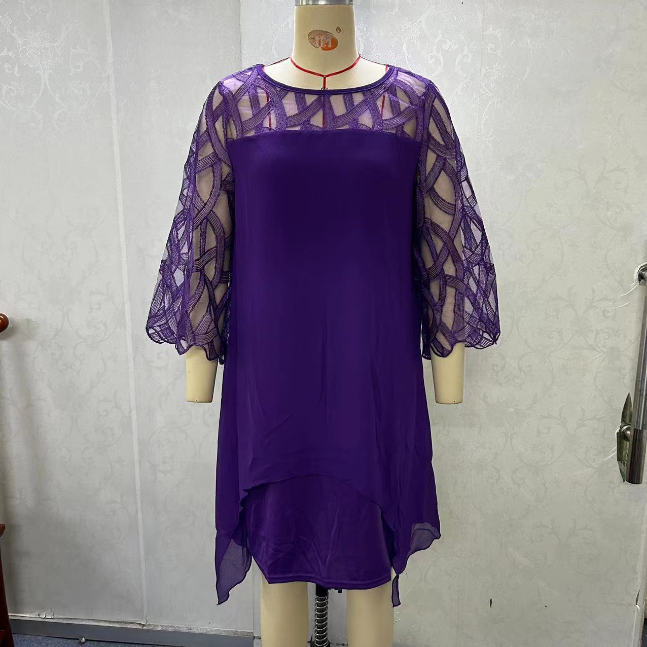Lace Stitching Sleeve Irregular Hem Chiffon Dress