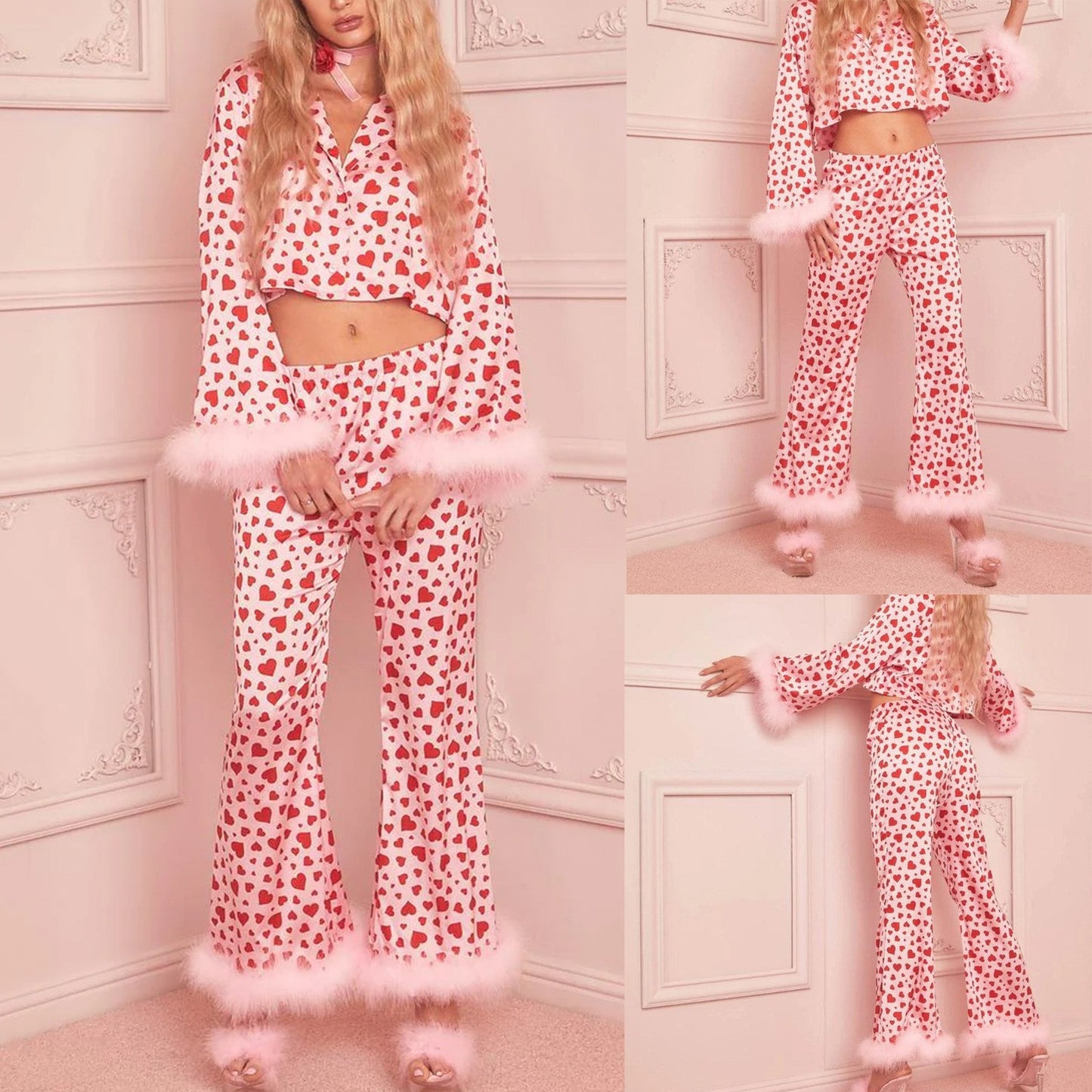 Heart Printing Fur Navel Two-piece Button Suits