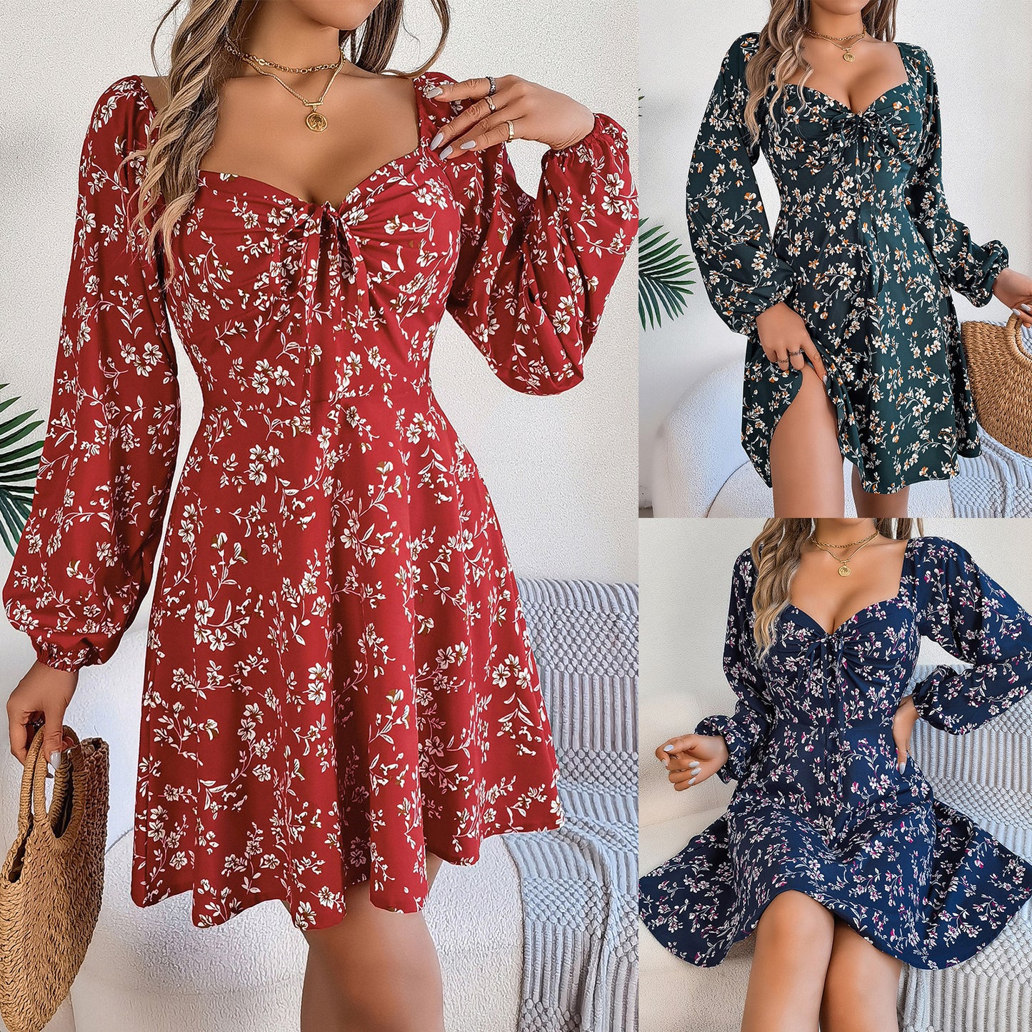 Women's Sexy Lacing Square Collar Floral Print Long Dress