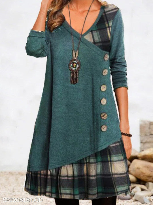 Autumn Stitching Decorative Buckle Long Sleeve Plaid Dresses