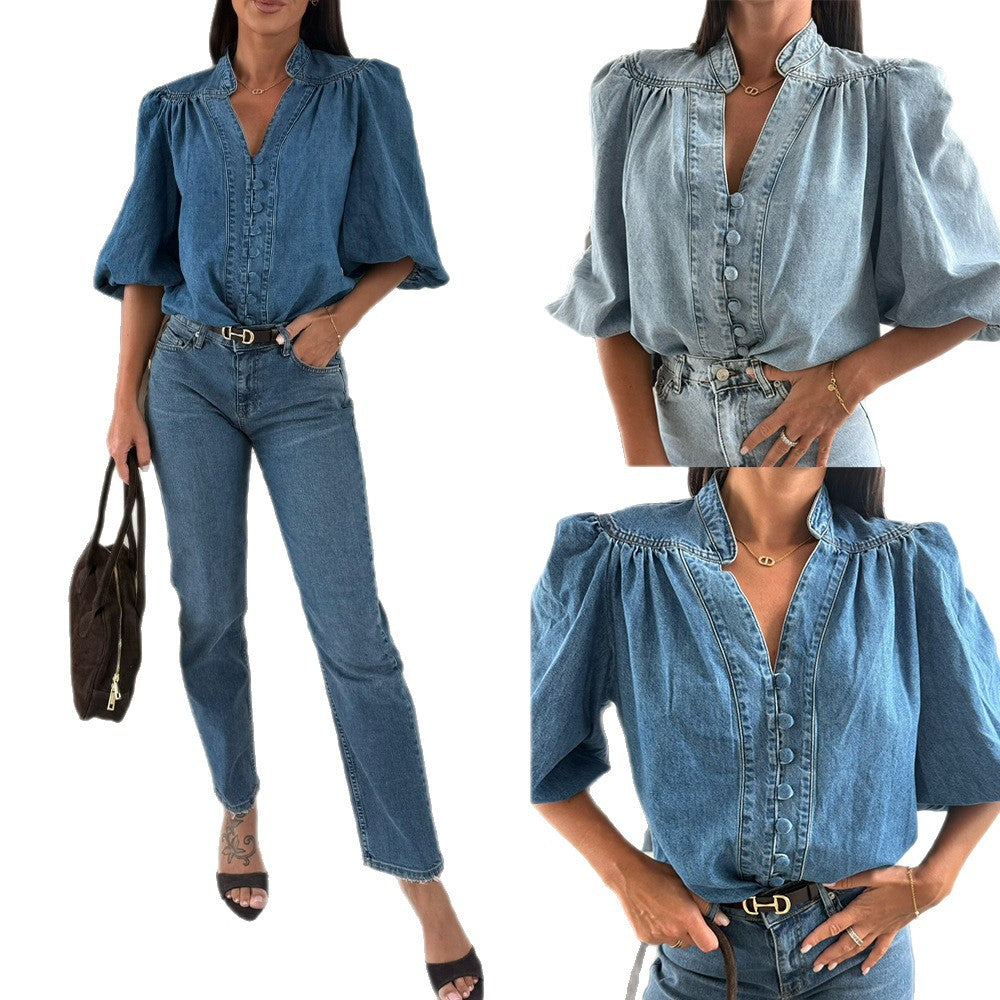 Women's Fashion Casual Retro Lantern Sleeve Denim Blouses