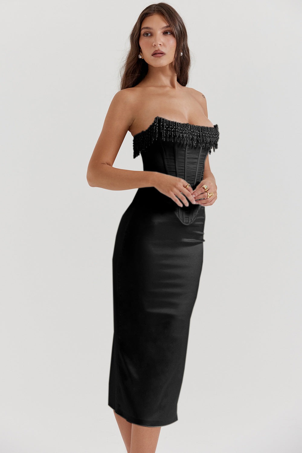 Women's Sexy Solid Color Sleeveless Cold-shoulder Pearl Evening Dresses
