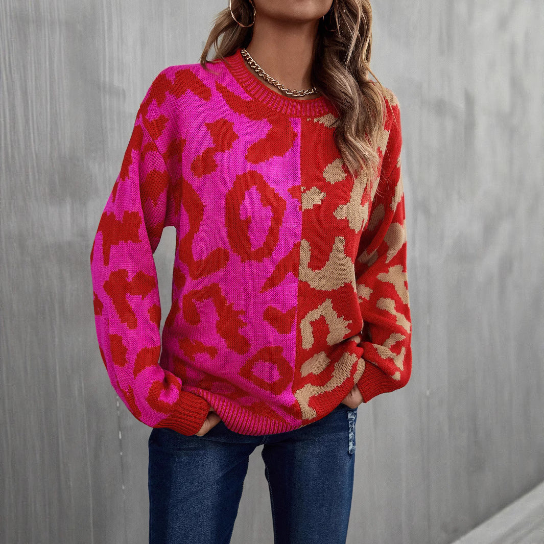 Glamorous Spring Leopard Splicing Mixed Pullover Sweaters