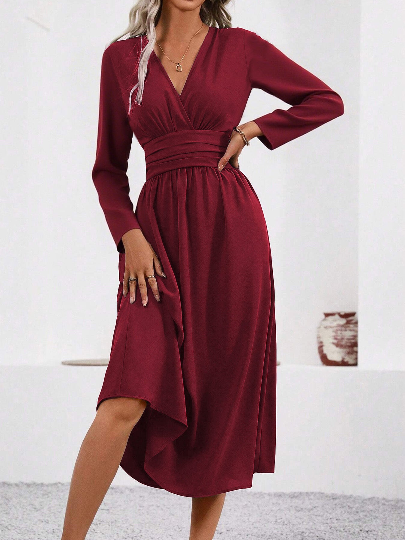 Women's Color Overlapping Long Sleeve Waist Pleated Dress
