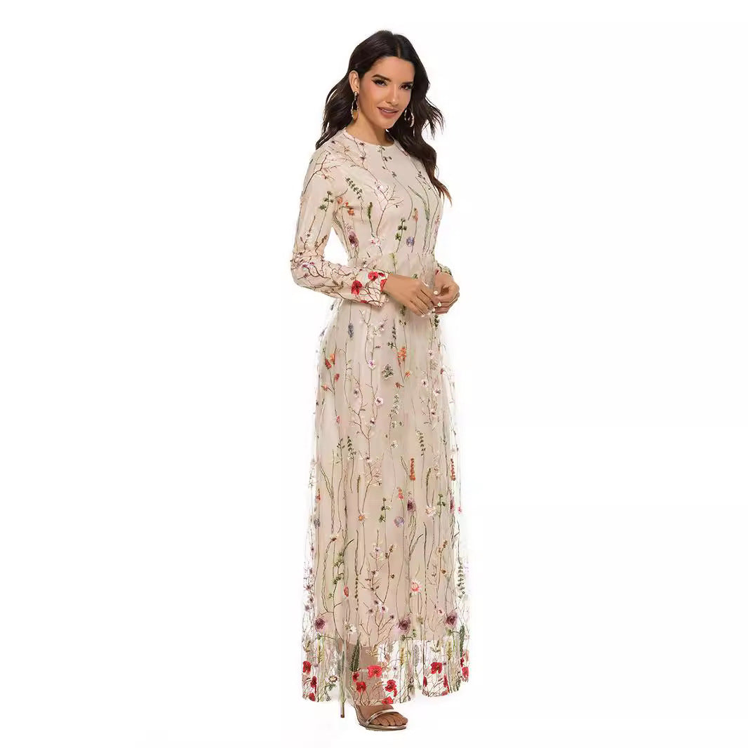 Embroidered Sweet Flowers Lace Long Fresh Dress