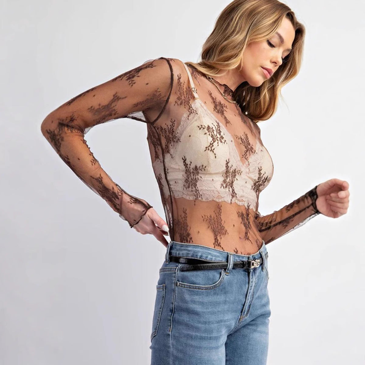Women's Mesh Bottoming Shirt Slim Lace Floral Blouses