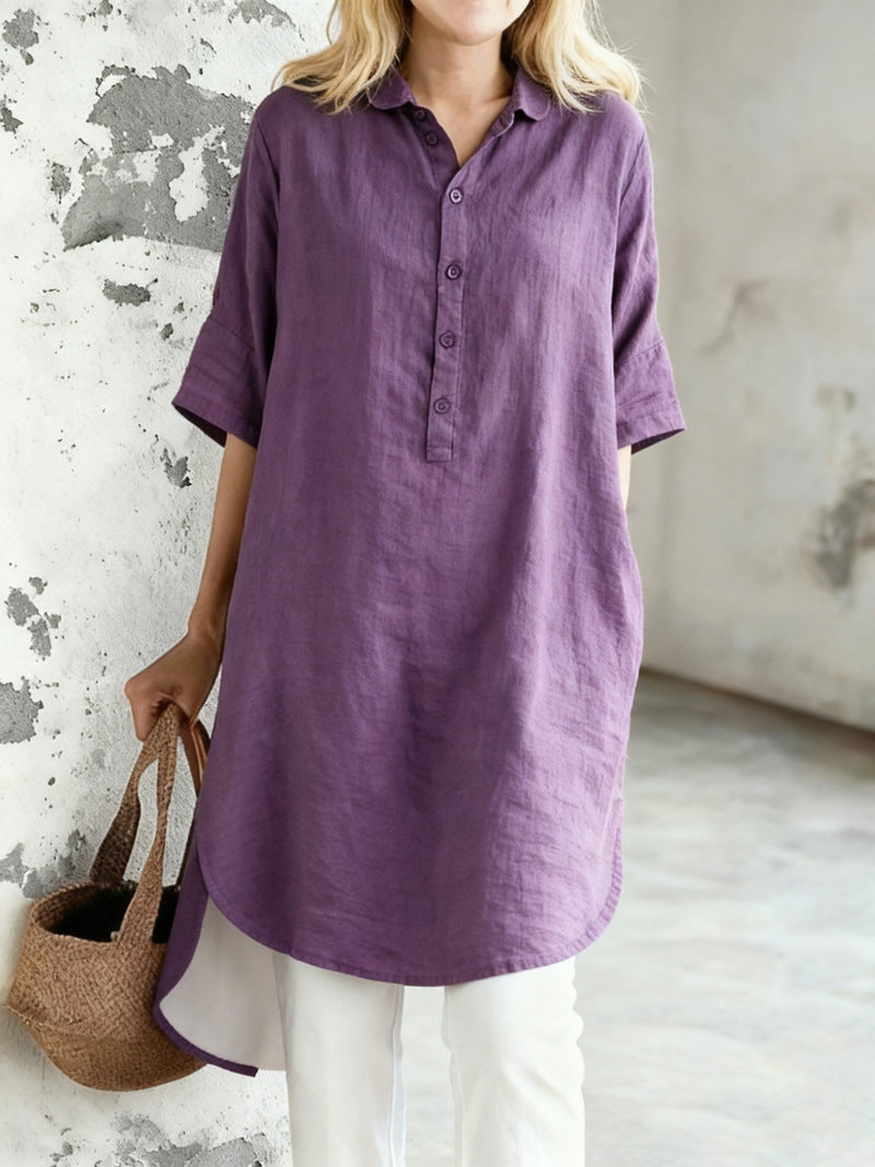 Casual Cotton Linen Sleeve Loose Shirt Dress