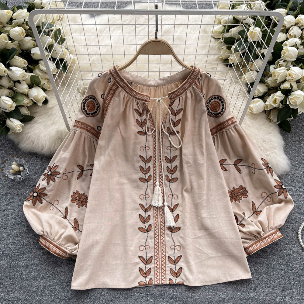 Women's Ethnic Style Design Sense Tassel Long Sleeve Loose Round Blouses