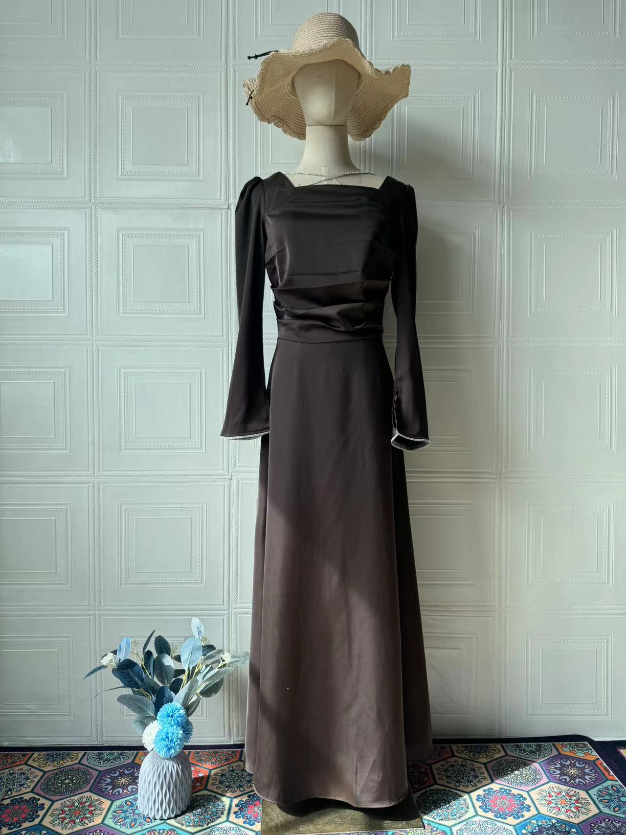 Women's Spring Design Diamond Tied Long Sleeves Satin Dresses
