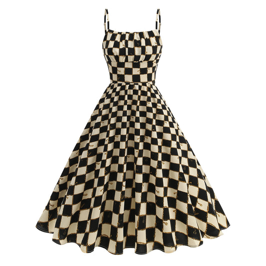 Women's Slim Fit British Lattice Strap High Waist Elegant Dress