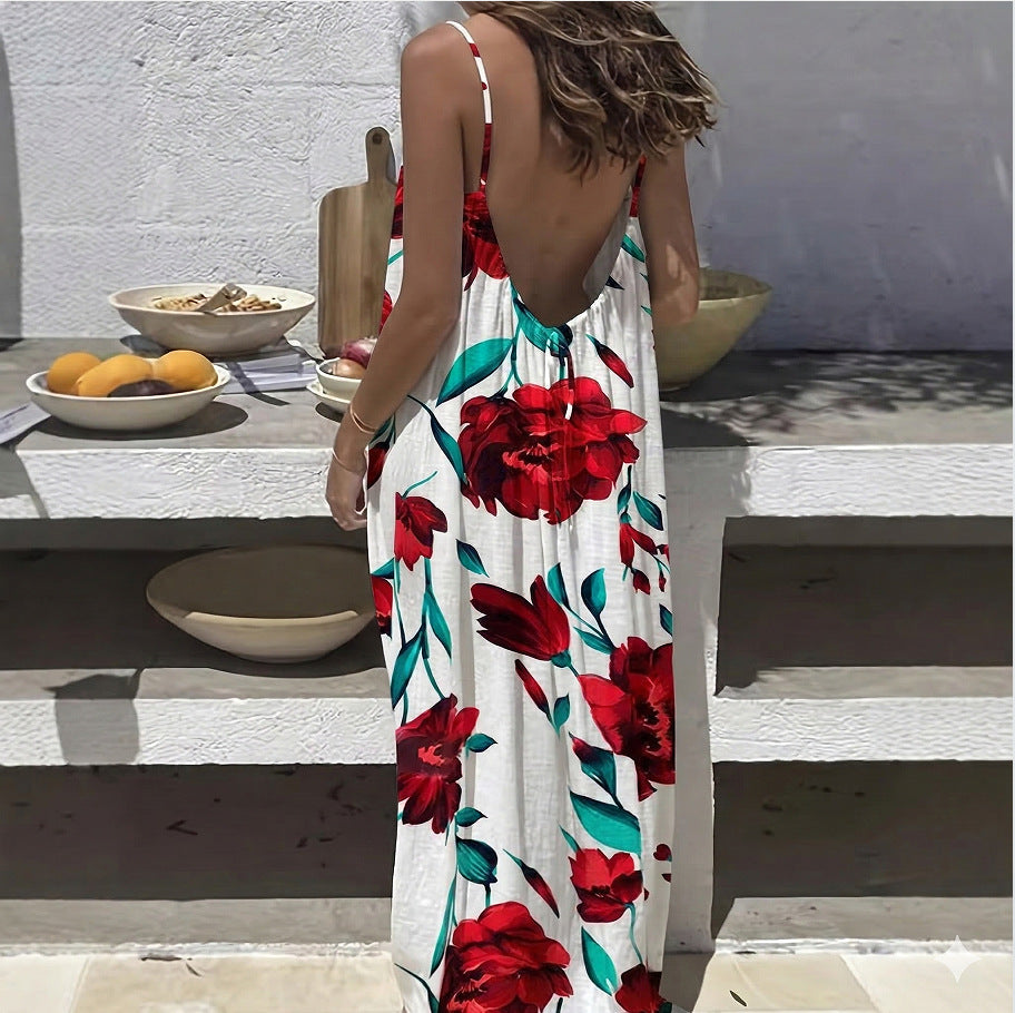 Women's Sling Backless Loose Leisure Pajamas Printed Dress