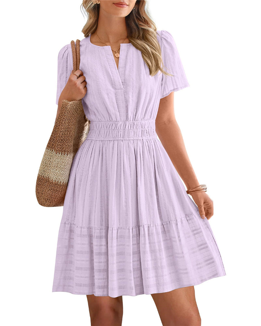 Women's Collar Pleating Puff Sleeve Large Swing Dress