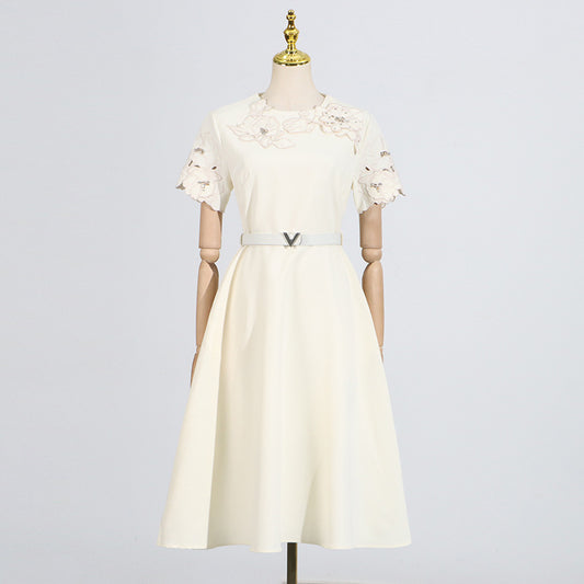 Elegant Retro Style Summer Round Neck Three-dimensional Flower Stitching Dresses