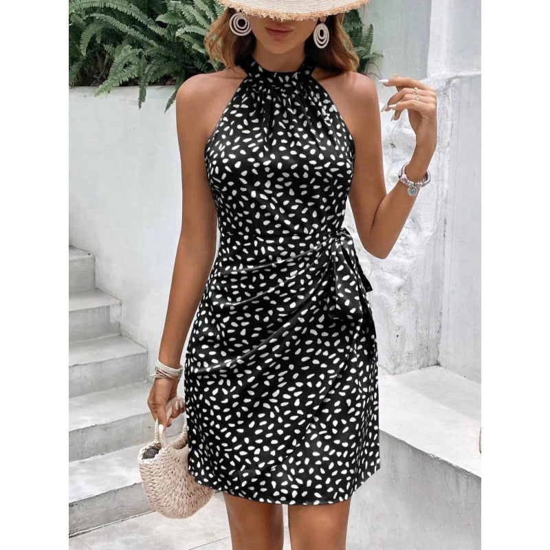 Women's Summer Fashion Halter Zipper Sleeveless Floral Dress