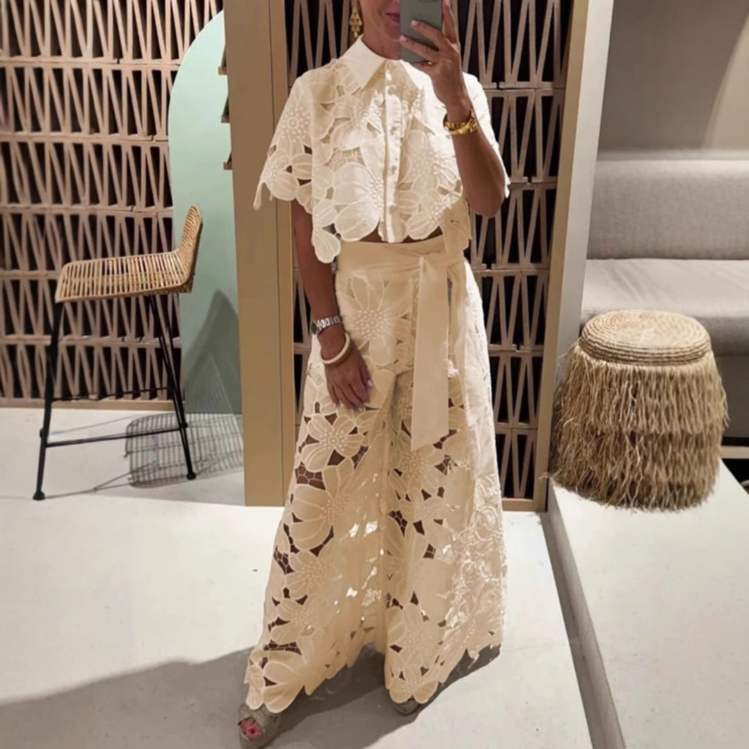 Summer Hollowed Leisure Lace Shirt Trousers Suits