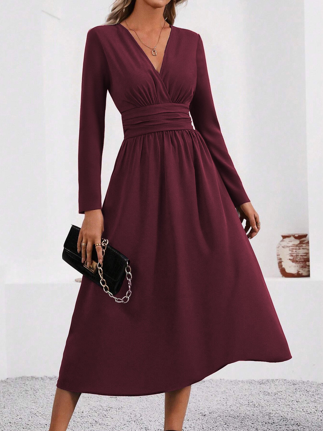 Women's Color Overlapping Long Sleeve Waist Pleated Dress