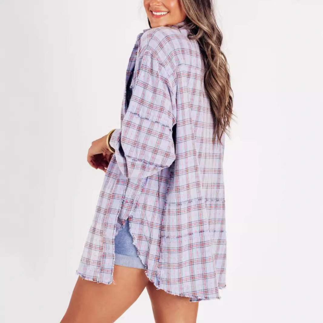 Women's Frayed Lantern Sleeve Loose Button Plaid Blouses