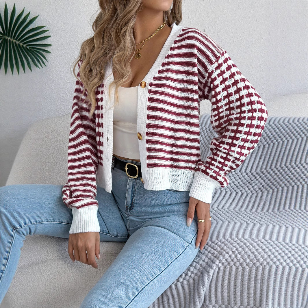 Women's Contrast Color Striped Lantern Long Sleeve Sweater