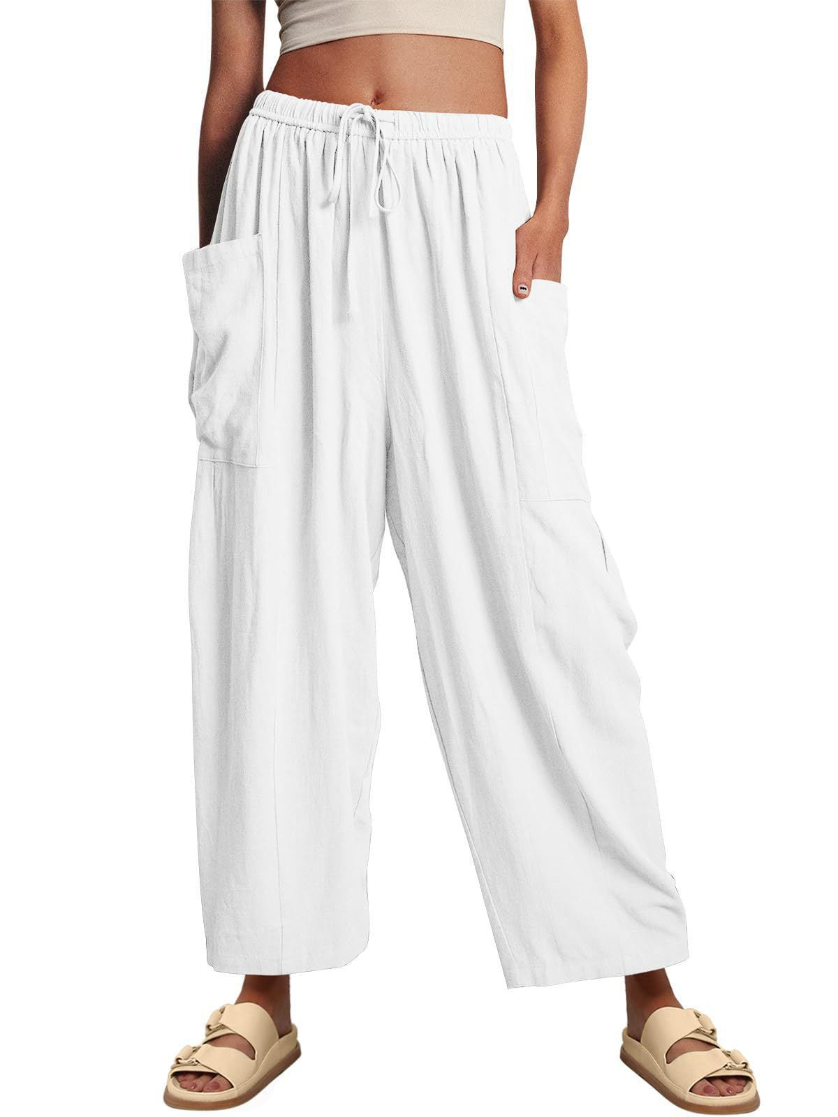 Elastic Waist Pleated Loose Casual Cotton Pants