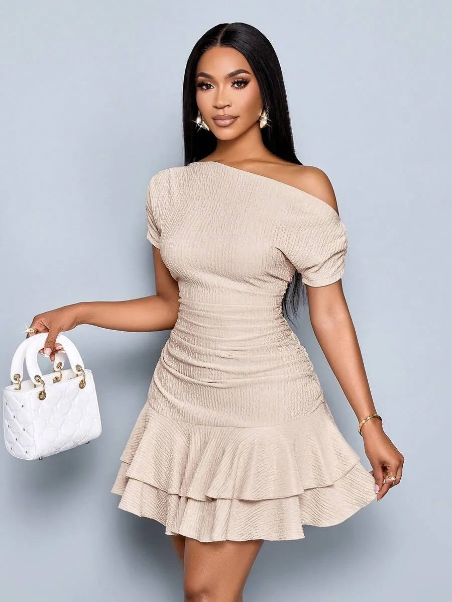 Women's Summer Solid Color Oblique Shoulder Ruffled Dress