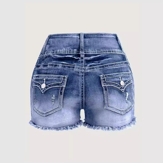 Women's Fashionable Frayed Hem Washed Denim Shorts