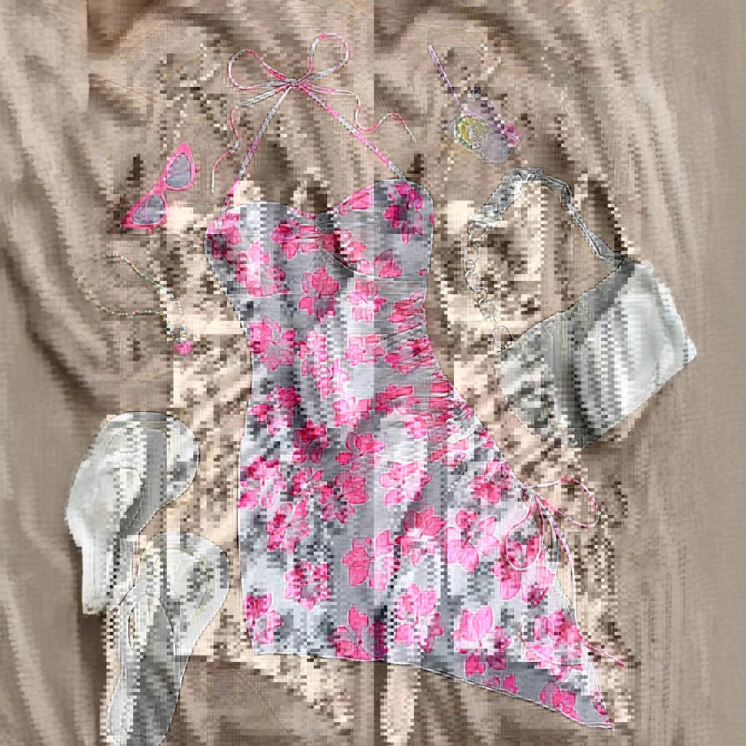 Women's Sexy Sling Summer Floral Print Asymmetric Hem Vacation Style Dress